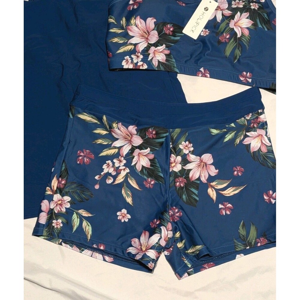 Holipick 3 PC Swimsuit Blue Tropical Floral NWT Women's M Tank Boy Shorts Top - Picture 4 of 8